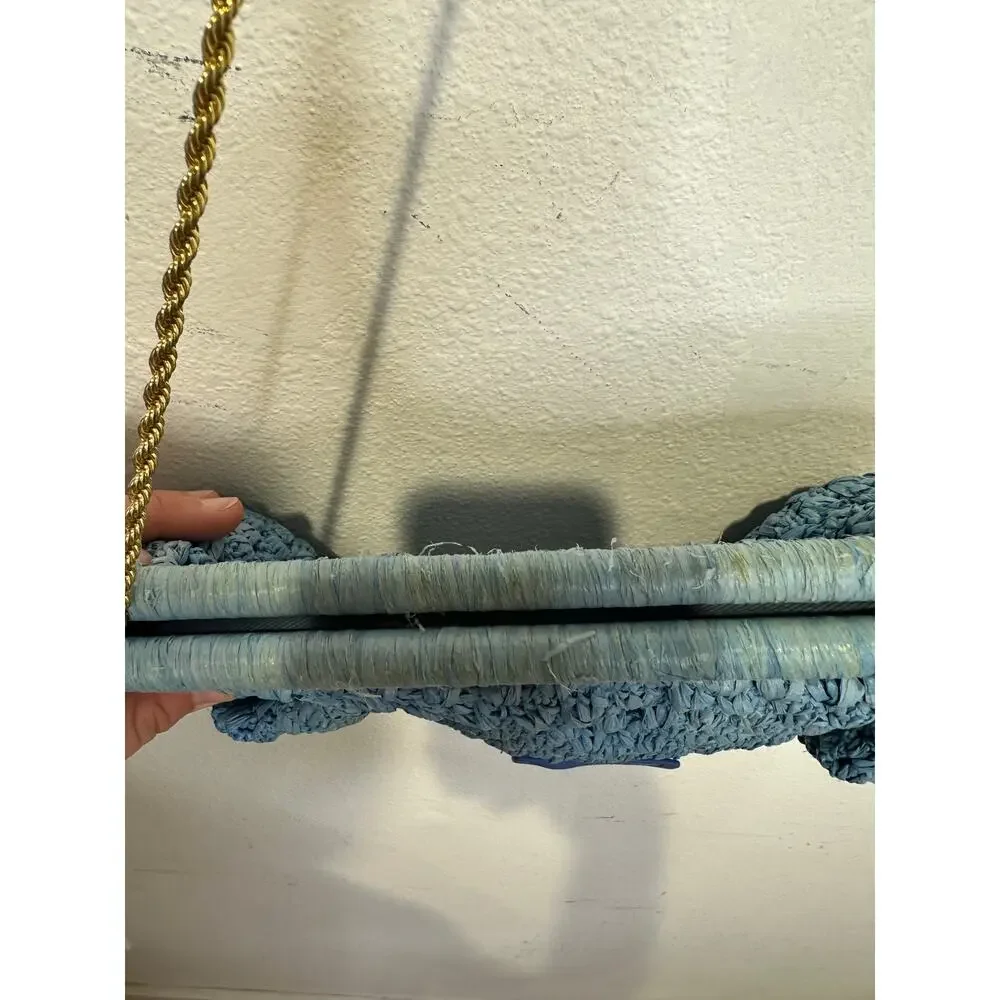 LOEFFLER RANDALL Light Blue Crochet Trudie Frame Gold Chain Clutch Purse Bag